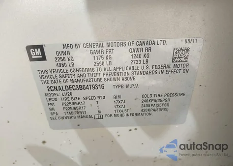 2011 Chevrolet Equinox 1Lt z USA, uszkodzony, nr VIN 2CNALDEC3B6479316